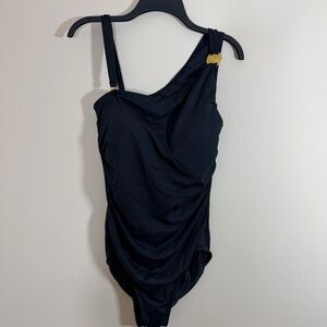 Coco Reef Black Bra Size One Piece One Shoulder Shirred Maillot Swimsuit 14/38C